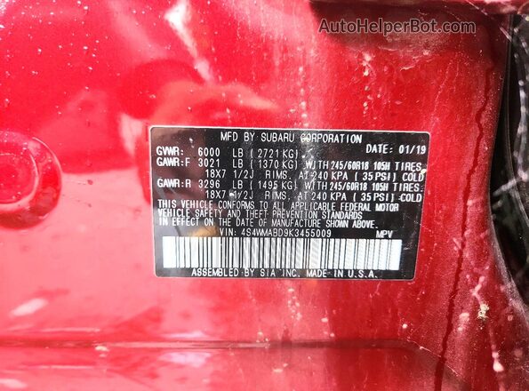 4S4WMABD9K3455009 2019 SUBARU ASCENT Красный Вид наклейки с VIN-кодом