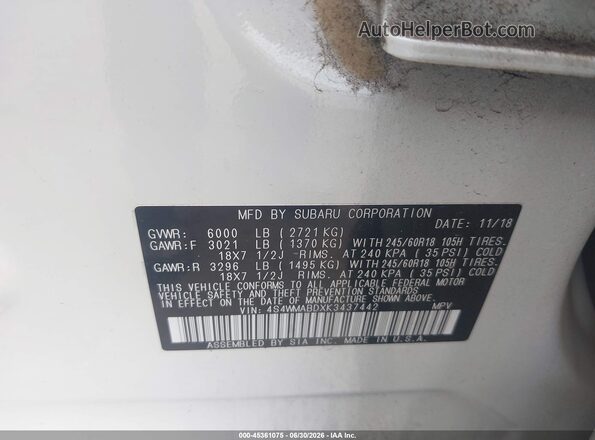4S4WMABDXK3437442 2019 SUBARU ASCENT Белый Вид подкапотного пространства