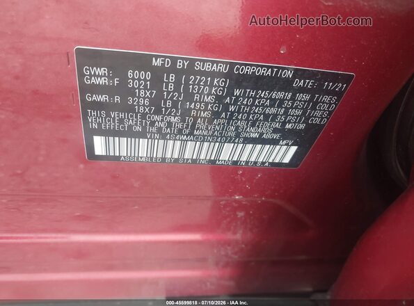 4S4WMACD1N3407748 2022 SUBARU ASCENT Красный Вид подкапотного пространства
