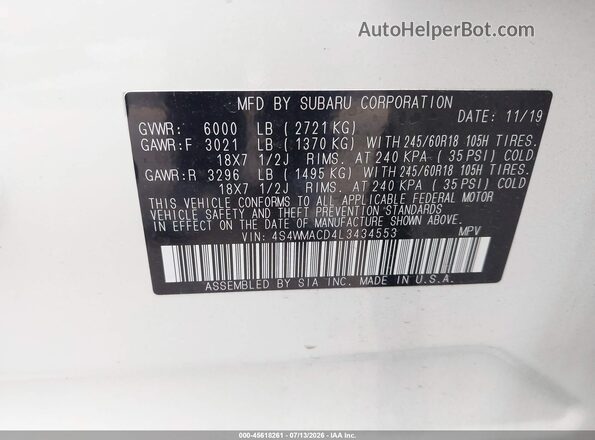 4S4WMACD4L3434553 2020 SUBARU ASCENT White Vista del compartimento del motor