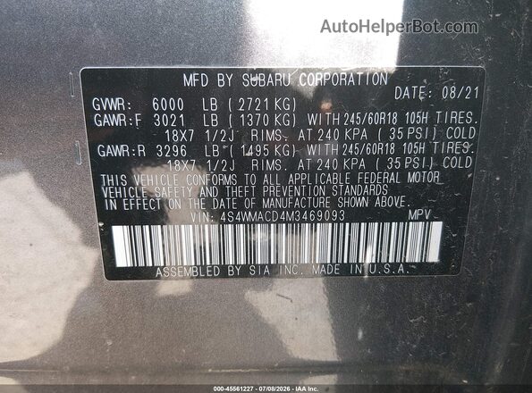 4S4WMACD4M3469093 2021 SUBARU ASCENT Gray ძრავის განყოფილების ხედი
