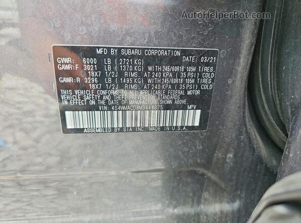 4S4WMACD8M3444875 2021 SUBARU ASCENT Gray VIN կոդի պիտակի տեսք