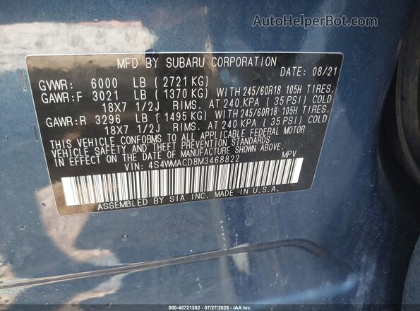4S4WMACD8M3468822 2021 SUBARU ASCENT Blue Շարժիչի բաժամունքի տեսք