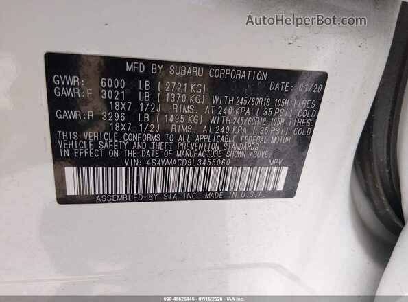 4S4WMACD9L3455060 2020 SUBARU ASCENT White Вид підкапотного простору