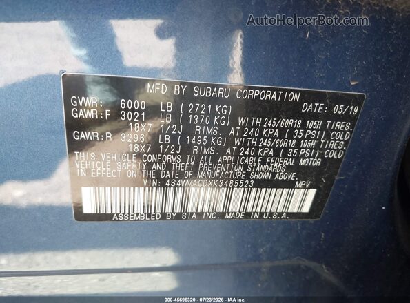 4S4WMACDXK3485523 2019 SUBARU ASCENT Blue Вид підкапотного простору