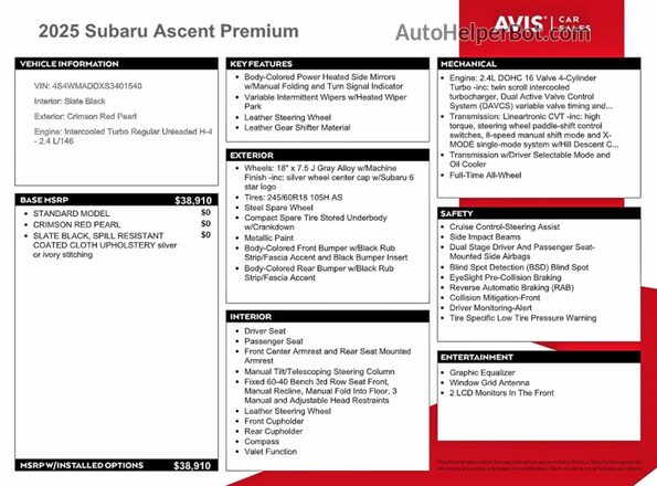 4S4WMADDXS3401540 2025 SUBARU ASCENT Red VIN sticker view