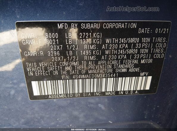 4S4WMAED0M3435441 2021 SUBARU ASCENT Blue Engine compartment view