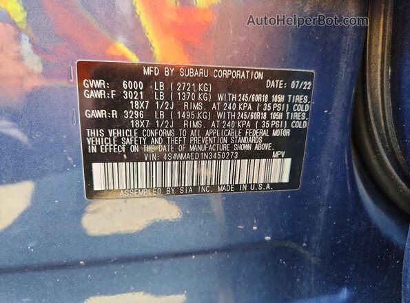 4S4WMAED1N3450273 2022 SUBARU ASCENT Blue Շարժիչի բաժամունքի տեսք