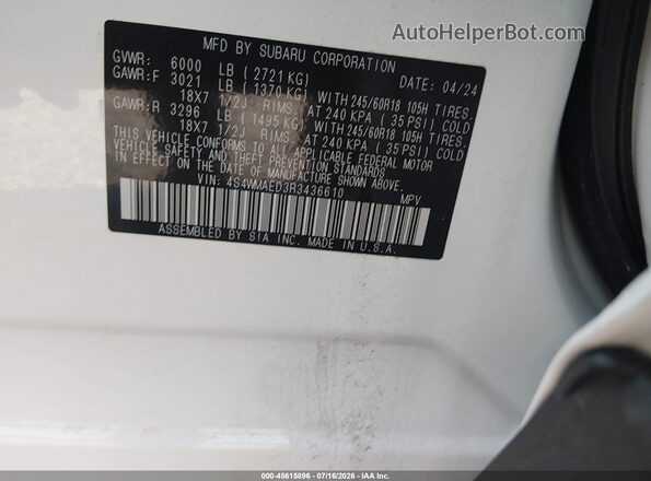 4S4WMAED3R3436610 2024 SUBARU ASCENT White Engine compartment view