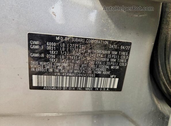4S4WMAED8N3433860 2022 SUBARU ASCENT Silver VIN sticker view