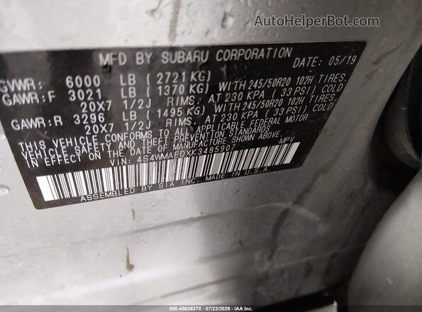 4S4WMAEDXK3485907 2019 SUBARU ASCENT Серый Вид подкапотного пространства