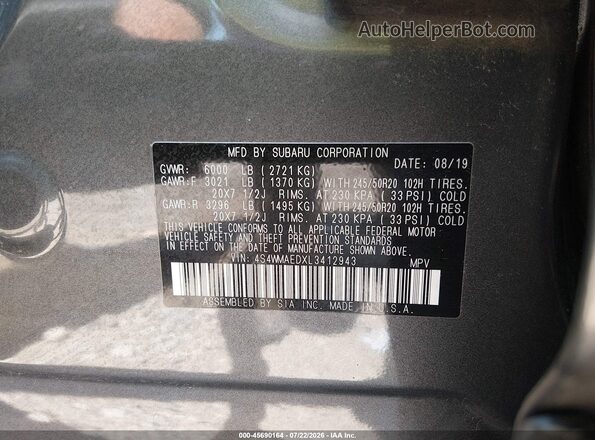4S4WMAEDXL3412943 2020 SUBARU ASCENT Gray Вид підкапотного простору