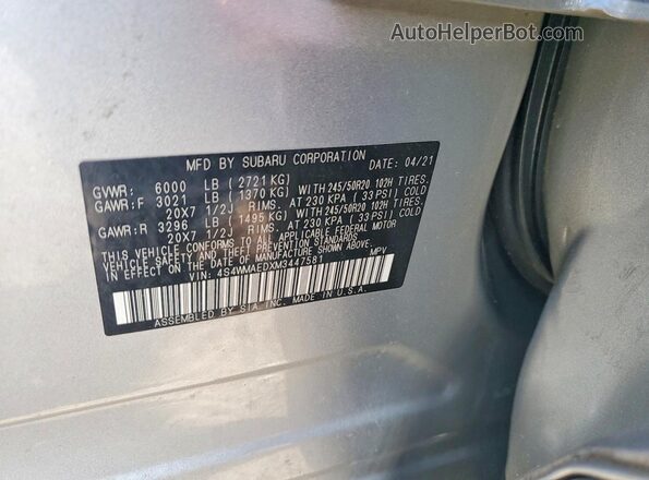 4S4WMAEDXM3447581 2021 SUBARU ASCENT Silver Widok naklejki z numerem VIN
