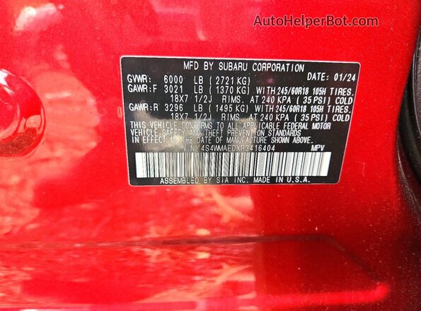 4S4WMAEDXR3416404 2024 SUBARU ASCENT Red VIN sticker view