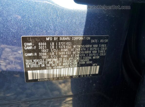 4S4WMAFD0L3455671 2020 SUBARU ASCENT Синий Вид наклейки с VIN-кодом