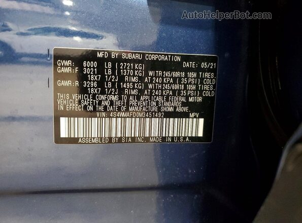4S4WMAFD0M3451492 2021 SUBARU ASCENT Blue Vista del compartimento del motor