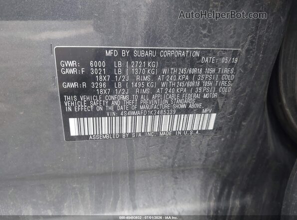 4S4WMAFD1K3485339 2019 SUBARU ASCENT Серый Вид подкапотного пространства