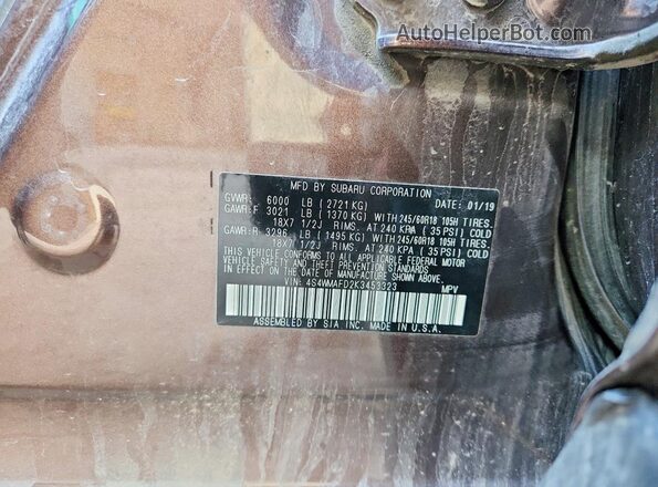 4S4WMAFD2K3453323 2019 SUBARU ASCENT Brown Vista de la etiqueta del VIN