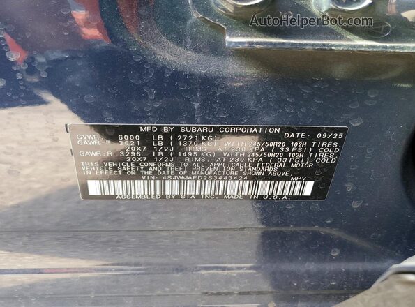4S4WMAFD2S3443424 2025 SUBARU ASCENT Blue Vista de la etiqueta del VIN