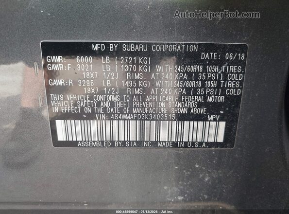 4S4WMAFD3K3403515 2019 SUBARU ASCENT Black Շարժիչի բաժամունքի տեսք