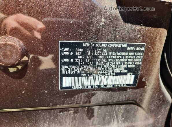 4S4WMAFD3K3408293 2019 SUBARU ASCENT Коричневый Вид наклейки с VIN-кодом