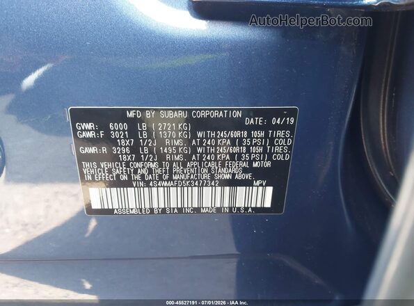 4S4WMAFD5K3477342 2019 SUBARU ASCENT Blue Շարժիչի բաժամունքի տեսք