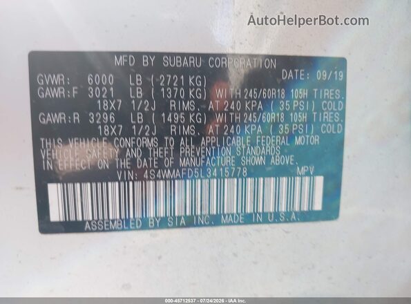 4S4WMAFD5L3415778 2020 SUBARU ASCENT White Շարժիչի բաժամունքի տեսք