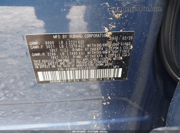 4S4WMAFD5L3455567 2020 SUBARU ASCENT Blue ძრავის განყოფილების ხედი
