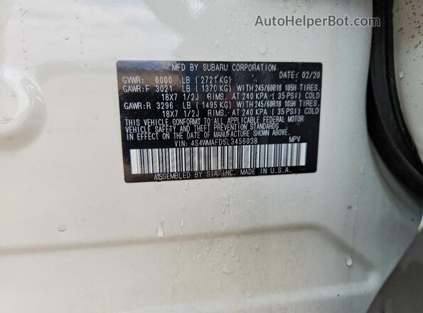 4S4WMAFD5L3456038 2020 SUBARU ASCENT White VIN կոդի պիտակի տեսք