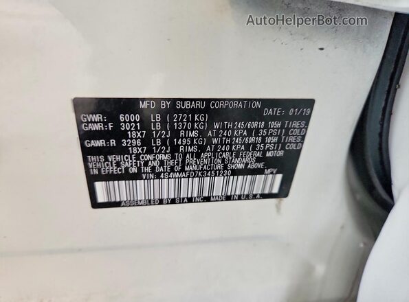 4S4WMAFD7K3451230 2019 SUBARU ASCENT White VIN კოდის სტიკერის ხედი