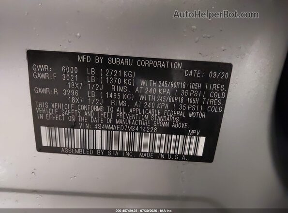 4S4WMAFD7M3414228 2021 SUBARU ASCENT Silver ძრავის განყოფილების ხედი
