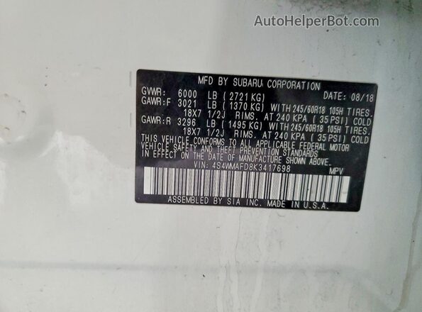 4S4WMAFD8K3417698 2019 SUBARU ASCENT Белый Вид подкапотного пространства