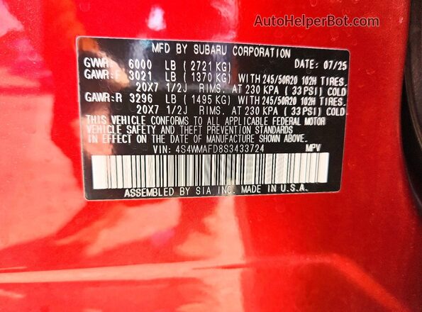 4S4WMAFD8S3433724 2025 SUBARU ASCENT Red Vista de la etiqueta del VIN