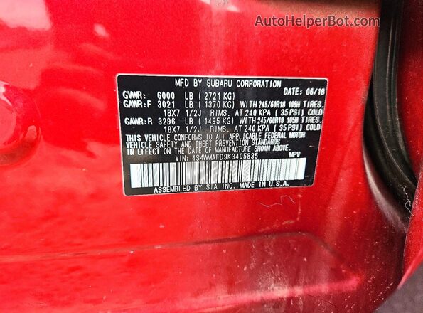 4S4WMAFD9K3405835 2019 SUBARU ASCENT Burgundy Vista del compartimento del motor