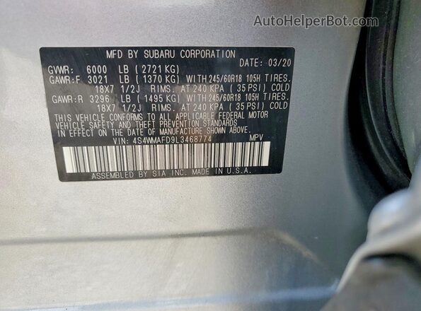 4S4WMAFD9L3468774 2020 SUBARU ASCENT Gray VIN კოდის სტიკერის ხედი