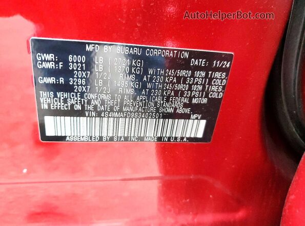 4S4WMAFD9S3402501 2025 SUBARU ASCENT Red Vista de la etiqueta del VIN
