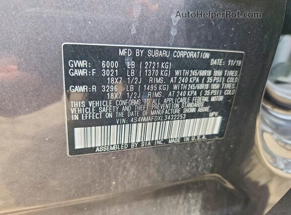4S4WMAFDXL3432253 2020 SUBARU ASCENT Gray Widok wnętrza 360 stopni