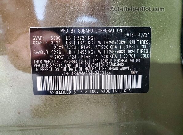 4S4WMAGD4N3403154 2022 SUBARU ASCENT Green VIN კოდის სტიკერის ხედი