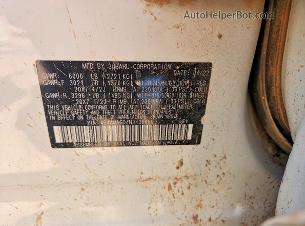 4S4WMAGD4N3436669 2022 SUBARU ASCENT White Вид наклейки з VIN-кодом
