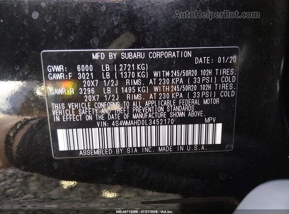 4S4WMAHD0L3452170 2020 SUBARU ASCENT Black Vista del compartimento del motor