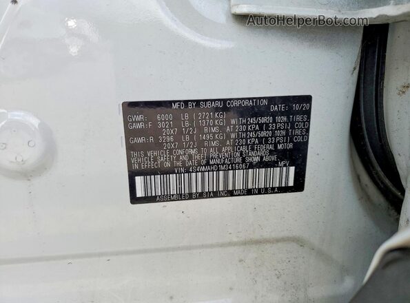 4S4WMAHD1M3416067 2021 SUBARU ASCENT White ძრავის განყოფილების ხედი