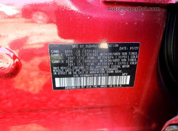 4S4WMAHD1M3436402 2021 SUBARU ASCENT Red Widok naklejki z numerem VIN