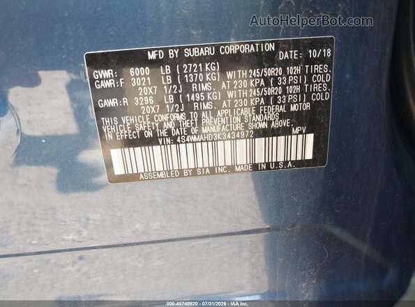 4S4WMAHD3K3434972 2019 SUBARU ASCENT Blue Engine compartment view