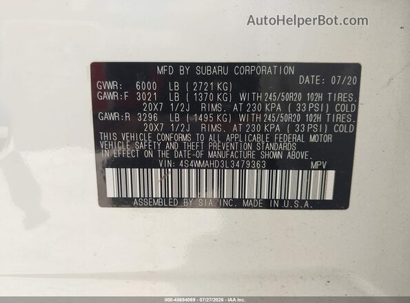 4S4WMAHD3L3479363 2020 SUBARU ASCENT White Շարժիչի բաժամունքի տեսք