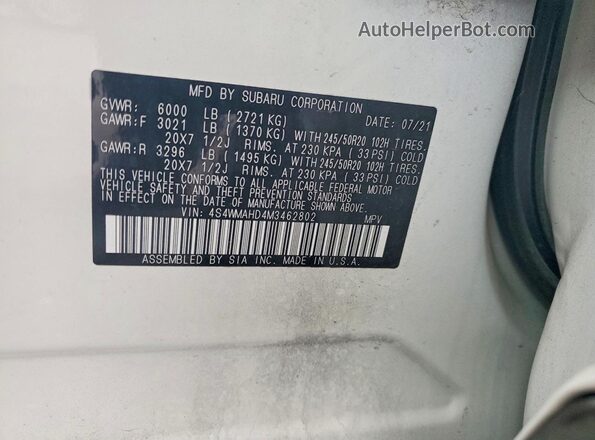 4S4WMAHD4M3462802 2021 SUBARU ASCENT White Vista de la etiqueta del VIN