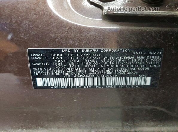 4S4WMAHD5M3442512 2021 SUBARU ASCENT Brown VIN კოდის სტიკერის ხედი