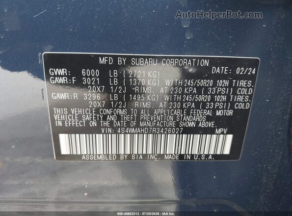 4S4WMAHD7R3426027 2024 SUBARU ASCENT Blue Vista del compartimento del motor