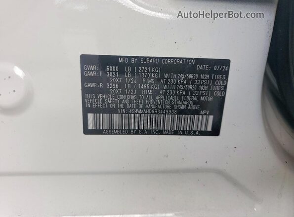 4S4WMAHD9R3449938 2024 SUBARU ASCENT White VIN კოდის სტიკერის ხედი