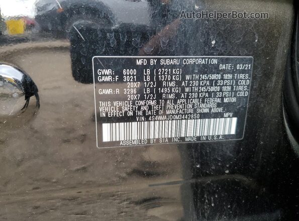 4S4WMAJD0M3442850 2021 SUBARU ASCENT Черный Вид наклейки с VIN-кодом