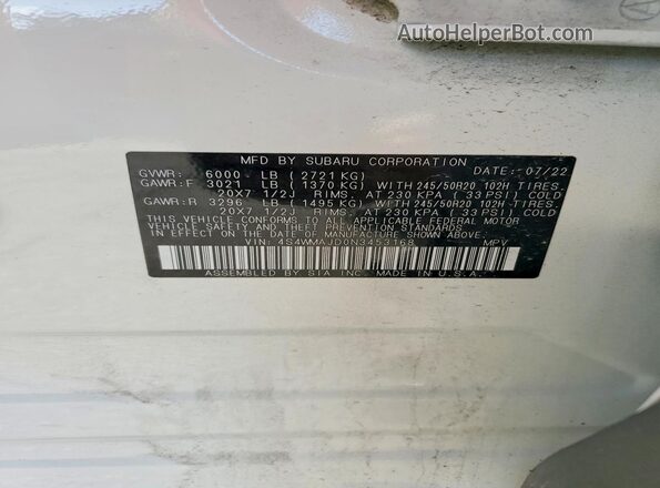 4S4WMAJD0N3453168 2022 SUBARU ASCENT White VIN კოდის სტიკერის ხედი